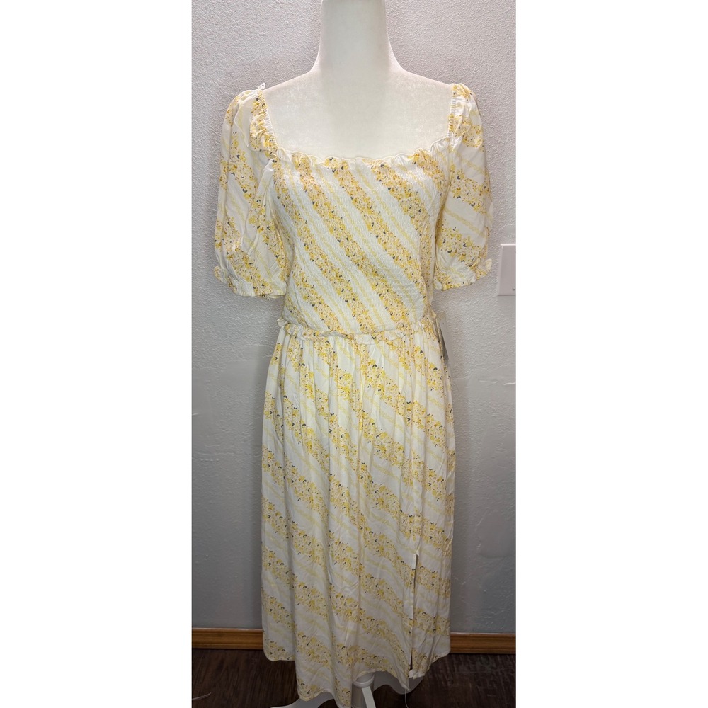 Bebop Floral Midi Dress Women XL White Yellow Smocked Puff Sleeve Rayon Boho